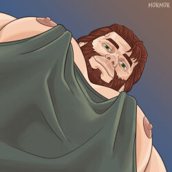 Rule 34 | 1boy, absurdres, bara, beard, connected beard, facial hair, green tank top, highres, large pectorals, long hair, looking at viewer, looking down, male focus, mature male, meme, muscular, muscular male, nipple slip, nipples, original, pectoral cleavage, pectoral focus, pectorals, romumoru, sidepec, solo, tank top, upper, upper body, yur, pec pov (meme)