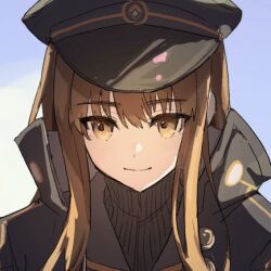 1234eabc 1girl black_sweater brown_eyes brown_hair buttons cropped_shoulders fate/grand_order fate_(series) hat high_collar kishinami_hakuno_(female) kishinami_hakuno_(female)_(mooncancer) long_hair looking_at_viewer sailor_hat smile solo sweater turtleneck turtleneck_sweater