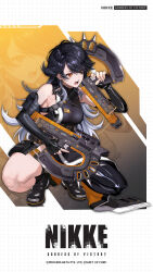 1girl black_boots black_gloves black_hair black_shirt boots breasts commentary dual_wielding elbow_gloves english_commentary fingerless_gloves gloves goddess_of_victory:_nikke gun highres holding holding_gun holding_weapon k_(nikke) large_breasts latex latex_gloves long_hair multicolored_hair official_art open_mouth orange_eyes shirt shoes solo squatting submachine_gun teeth thigh_strap tongue weapon white_hair