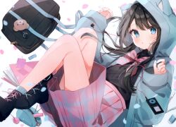 Rule 34 | 1girl, :o, absurdres, animal hood, bag, black bag, black hair, black shirt, blue eyes, blue jacket, blue nails, blush, bow, bowtie, digital media player, earphones, eraser, foot out of frame, heripiro, high-waist skirt, highres, hood, hooded jacket, jacket, long hair, long sleeves, looking at viewer, multicolored nails, nail polish, non-web source, open clothes, open jacket, original, parted lips, pen, petals, pink bow, pink bowtie, pink nails, pink skirt, school uniform, shirt, skirt, socks, solo