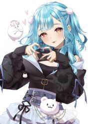 1girl belt blue_hair blush cleavage_cutout clothing_cutout commentary creature earrings four-finger_heart_hands hair_ornament heart heart_hair_ornament heart_hands highres jewelry looking_at_viewer multicolored_hair orange_eyes roridaitouryou shiranami_ramune shiranami_ramune_(3rd_costume) simple_background skirt solo tongue tongue_out two-tone_hair virtual_youtuber vspo! white_background white_hair white_skirt