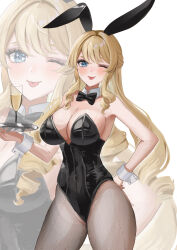 1girl animal_ear_hairband animal_ears black_bow black_bowtie black_leotard blonde_hair blue_eyes bow bowtie breasts champagne_flute cleavage cup detached_collar drill_hair drinking_glass fake_animal_ears fishnet_pantyhose fishnets genshin_impact hairband half_updo hand_on_own_hip highres large_breasts leotard navia_(genshin_impact) pantyhose playboy_bunny rabbit_ears smile solo strapless strapless_leotard turyee0322 wrist_cuffs zoom_layer