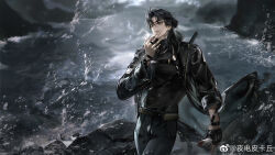 Rule 34 | 1boy, belt, belt buckle, between fingers, black belt, black gloves, black hair, black jacket, black pants, black shirt, buckle, cat mask, character request, chest belt, cigarette, collared jacket, copyright request, cowboy shot, dress pants, earrings, fingerless gloves, floating clothes, gloves, green eyes, hair over shoulder, high collar, highres, holding, holding cigarette, holding mask, jacket, jewelry, lapels, leather, leather gloves, light particles, light smile, lips, long hair, long sleeves, looking ahead, male focus, mask, multiple belts, necklace, nostrils, notched lapels, outdoors, pants, parted bangs, parted lips, pocket, pointy nose, realistic, rock, shirt, sleeve cuffs, smoke, smoking, solo, splashing, stud earrings, thick eyebrows, turtleneck, turtleneck shirt, walking, water, water drop, waterfall, watermark, weibo watermark, white mask, wind, wrist belt, ye dian pikaqiu, zipper