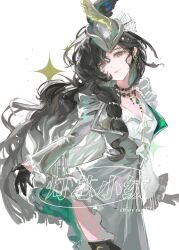 1girl artist_name black_gloves black_hair breasts cleavage cowboy_shot dengxin_xiao_rong gloves grey_hat grey_jacket grey_skirt hat head_tilt highres isolde_(and_all_that_jazz)_(reverse:1999) isolde_(reverse:1999) jacket jewelry long_hair long_sleeves looking_at_viewer necklace official_alternate_costume pearl_necklace purple_eyes reverse:1999 shirt skirt solo sparkle very_long_hair watermark white_background white_shirt