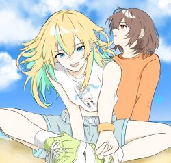 2girls beach blonde_hair blue_eyes blue_shorts bracelet brown_eyes brown_hair colored_inner_hair commentary crop_top day earclip earrings green_footwear green_hair gyaru_v hair_between_eyes jelee-chan jewelry kouzuki_mahiru long_hair looking_at_viewer midriff momokan_1209 multicolored_hair multiple_girls ocean open_mouth orange_shirt outdoors shirt short_hair shorts sleeveless sleeveless_shirt socks symbol-only_commentary teeth upper_teeth_only v white_shirt white_socks yamanouchi_kano yoru_no_kurage_wa_oyogenai