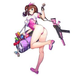 1girl aqua_eyes arched_back ass athletic_leotard bag bag_charm ball black_gloves blouse blush breasts brown_hair character_name charm_(object) clenched_hand coco_mercury covered_erect_nipples crop_top crop_top_overhang drill_hair duffel_bag female_focus fingerless_gloves full_body game_cg gloves green_eyes gun gym_shirt gym_uniform gymnastics hair_ribbon hand_up highleg highleg_leotard highres juggling_club kneepits last_origin leg_up legs leotard leotard_under_clothes long_hair looking_at_viewer looking_back lrl_(last_origin) magazine_(weapon) medium_breasts medium_hair multicolored_gloves official_art one_side_up open_bag paintale parted_lips pink_leotard pink_ribbon pink_shoes red_ribbon rhythmic_gymnastics ribbon ribbon_baton rifle shirt shoe_dangle shoes short_sleeves single_glove solo standing standing_on_one_leg star_(symbol) star_print strap suppressor tachi-e thighs tomo_(last_origin) tomoe_(last_origin) transparent_background unzipped weapon white_gloves white_shirt window_magazine wristband zipper zipper_pull_tab