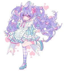 1girl absurdres animal_ear_fluff animal_ears apron aqua_dress aqua_shoes argyle_clothes argyle_pantyhose blush bow bright_pupils closed_mouth commentary cross-shaped_pupils dated_commentary double-parted_bangs dress frilled_apron frilled_socks frills full_body hair_bow hair_ornament hand_in_own_hair heart heart_hair_ornament high_heels highres leg_up long_hair long_sleeves maid_apron neck_ribbon original ozureiji pantyhose pink_bow pink_eyes pink_ribbon purple_hair purple_pantyhose rabbit_ears ribbon ribbon-trimmed_dress ribbon_trim shoes single_leg_pantyhose socks solo star_(symbol) star_hair_ornament striped_clothes striped_dress symbol-only_commentary symbol-shaped_pupils tsurime twintails vertical-striped_clothes vertical-striped_dress very_long_hair white_apron white_background white_pupils white_socks yume_kawaii