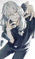 1boy :q air_(ai_r_) blue_eyes blue_hair cowboy_shot hair_ornament hair_scrunchie heterochromia highres jujutsu_kaisen long_hair low-tied_long_hair mahito_(jujutsu_kaisen) male_focus pants scrunchie signature simple_background smile solo stitched_arm stitched_face stitched_neck stitches tongue tongue_out transfigured_human_(jujutsu_kaisen) white_background white_hair yellow_eyes