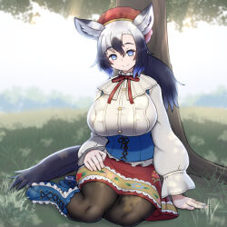 1girl animal_ears black_hair blue_corset blue_eyes blush bow breasts corset frilled_skirt frills grey_hair hat highres horse_ears horse_girl horse_tail huge_breasts kemono_friends kemono_friends_3 long_hair looking_at_viewer mo23 multicolored_hair official_alternate_costume outdoors ponytail sitting skirt smile solo tail tarpan_(kemono_friends) tree white_hair yokozuwari
