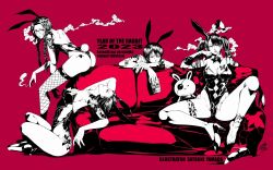 Rule 34 | 2023, 4girls, arched back, ass, beer can, braid, breasts, can, chinese zodiac, cigarette, cleavage, commentary request, couch, drink can, fishnet thighhighs, fishnets, glasses, high heels, leotard, limited palette, long hair, looking at viewer, medium breasts, multiple girls, original, playboy bunny, short hair, sitting, smoking, stuffed animal, stuffed rabbit, stuffed toy, tattoo, thighhighs, twin braids, twintails, yamada satoshi, year of the rabbit