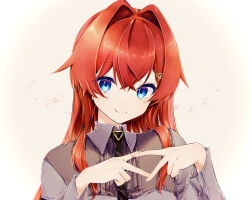 1girl ange_katrina ange_katrina_(4th_costume) ayuko_ammobium black_necktie blue_eyes closed_mouth collared_shirt commentary_request crossed_bangs dot_nose gradient_background grey_shirt hair_between_eyes hair_intakes hair_over_shoulder hands_up highres long_hair long_sleeves looking_at_viewer necktie nijisanji pink_background portrait radial_gradient_background red_hair shirt smile solo split_mouth triangle virtual_youtuber