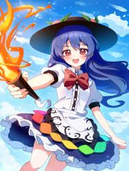 Rule 34 | 1girl, :d, apron, artist name, black hat, blue hair, blue skirt, blush, bow, bowtie, center frills, cloud, collared shirt, commentary request, cowboy shot, frilled apron, frilled skirt, frills, hat, hat ornament, highres, hinanawi tenshi, holding, holding sword, holding weapon, leaf hat ornament, long hair, looking at viewer, nene man, open mouth, outdoors, peach hat ornament, puffy short sleeves, puffy sleeves, red bow, red bowtie, red eyes, shirt, short sleeves, skirt, smile, solo, sword, sword of hisou, touhou, twitter username, waist apron, weapon, white apron, white shirt