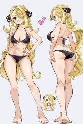 1girl alternate_breast_size ass bare_shoulders bikini black_bikini blonde_hair blush breasts cleavage closed_mouth cynthia_(pokemon) grey_eyes hair_ornament hair_over_one_eye highres large_breasts long_hair looking_at_viewer navel nintendo pokemon pokemon_dppt simple_background smile solo stomach sukoyaka_tsukasa swimsuit very_long_hair