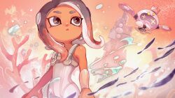 1girl agent_8_(splatoon) bare_shoulders bodysuit commentary_request crown dark-skinned_female dark_skin detached_sleeves drone earrings gradient_hair grey_eyes grey_hair highres hoop_earrings in-universe_location jewelry long_hair mkakimikan multicolored_hair nintendo non-humanoid_robot octoling octoling_girl octoling_player_character open_mouth parted_bangs pearl_(splatoon) pearl_drone_(splatoon) pink_hair robot see-through_clothes see-through_sleeves single_detached_sleeve sleeveless sleeveless_bodysuit solo splatoon_(series) splatoon_3 splatoon_3:_side_order suction_cups tentacle_hair two-tone_hair white_bodysuit