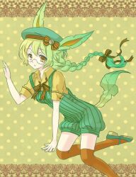 1girl breasts brown_background gen_4_pokemon green_hair leafeon nintendo original personification pokemon shiguma_(2013) small_breasts
