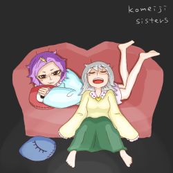 2girls barefoot black_background blue_shirt couch english_text frilled_shirt frills green_skirt indoors jiru_(jirufun) komeiji_koishi komeiji_satori light_green_hair lying multiple_girls hugging_object on_couch on_stomach pillow pillow_hug pink_hair pink_skirt shirt siblings sisters skirt sleeping snoring third_eye touhou watching_television yellow_shirt