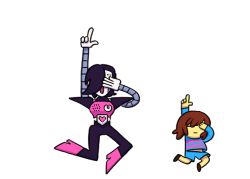 1boy 1other :3 androgynous animated animated_gif brown_hair dancing expressionless frisk_(undertale) hair_over_one_eye mettaton mettaton_ex pointing robot shirt shorts striped_clothes striped_shirt undertale unoobang white_background