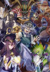 1girl bandana beak beard bird black_bandana blue_skin brown_eyes brown_hair clenched_teeth collared_shirt colored_skin crescent duel_monster earrings electricity exodia_the_forbidden_one facial_hair feathers fiend_reflection glowing glowing_eyes golem_that_guards_the_millennium_treasures green_feathers green_overalls grey_hair group_picture highres holding holding_mirror holding_shield jewelry long_hair maiden_of_the_moonlight millennium_cross millennium_fiend_reflection millennium_golem millennium_shield millenniumoon_maiden mirror monster muto_sugoroku noppe old old_man one-eyed overalls pointy_ears purple_eyes sengenjin sengenjin_wakes_from_a_millennium sharp_teeth shield shield_of_the_millennium_dynasty shirt sketch spiked_hair talons teeth the_phantom_exodia_incarnate the_unstoppable_exodia_incarnate white_feathers white_shirt white_wings wings yu-gi-oh! yu-gi-oh!_duel_monsters