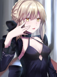 absurdres artoria_pendragon_(fate) blonde_hair blurry blurry_background blush breasts choker cleavage commentary_request dress fate/grand_order fate_(series) hair_between_eyes hair_bun highres long_hair looking_at_viewer saber_alter saber_alter_(third_ascension) sii_artatm single_hair_bun small_breasts tongue tongue_out upper_body yellow_eyes