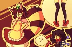 2girls :3 ? animal_ears asymmetrical_wings black_hair black_legwear brown_hair daigada futatsuiwa_mamizou glasses houjuu_nue imagining leaf leaf_on_head legs multiple_girls pince-nez raccoon_ears raccoon_tail speech_bubble spoken_question_mark tail thighhighs thought_bubble touhou wings |_|