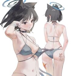 1girl absurdres animal_ear_fluff animal_ears armpits ass bare_arms bare_back bare_shoulders bikini black_choker black_eyes black_hair blue_archive blue_bikini blue_halo blue_nails blush breasts cat_ears cat_girl cat_tail choker dance_arm ear_blush extra_ears from_behind halo highres kikyou_(blue_archive) kikyou_(swimsuit)_(blue_archive) multiple_tails navel open_mouth solo starfish stomach swimsuit tail two_tails