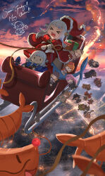 &gt;_&lt; 6+girls absurdres advarcher capelet ceres_fauna character_doll christmas closed_eyes dawn doll ebi-chan_(gawr_gura) english_text fins fish_tail fuwawa_abyssgard gawr_gura gloves hakos_baelz hat highres hololive hololive_english irys_(hololive) koseki_bijou merry_christmas mococo_abyssgard mori_calliope multiple_girls nanashi_mumei nerissa_ravencroft ninomae_ina&#039;nis open_mouth ouro_kronii outdoors red_capelet red_headwear red_nose santa_costume santa_hat shark_girl shark_tail shiori_novella shrimp sky sleigh tail tsukumo_sana virtual_youtuber watson_amelia white_gloves
