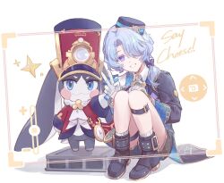 1boy animal black_bow black_coat black_footwear black_hat blue_eyes blue_hair blue_vest bow cellphone_photo cinder_block coat colored_eyelashes conductor csyday gloves happy hat honkai:_star_rail honkai_(series) light_blue_hair low_ponytail misha_(honkai:_star_rail) pocket_watch pom-pom_(honkai:_star_rail) ponytail purple_eyes rabbit selfie smile train_conductor vest watch white_background white_gloves