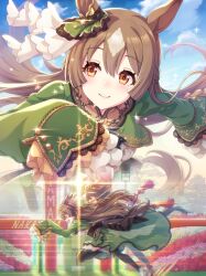 2girls ^^^ absurdres animal_ears artist_request back_bow black_bow black_hair black_thighhighs blue_sky boots bow brown_hair closed_mouth cloud day diamond_(shape) dot_nose ear_ornament eyelashes faceless faceless_female finish_line floating frilled_sleeves frills game_cg gradient_sky green_jacket green_skirt grey_hair hair_between_eyes hair_ribbon happy highres horse_ears horse_girl horse_tail jacket kitasan_black_(umamusume) lens_flare light_blush lips long_hair long_sleeves looking_ahead motion_lines multicolored_hair multiple_girls official_art orange_eyes outdoors racing ribbon running satono_diamond_(umamusume) shirt short_hair skirt sky sleeves_past_fingers sleeves_past_wrists smile speed_lines streaked_hair sunset sweat tail tareme thighhighs tree two-tone_hair two_side_up umamusume very_long_hair white_boots white_ribbon white_shirt yellow_sky zoom_layer