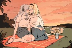 Rule 34 | 2girls, bang dream!, bang dream! it&#039;s mygo!!!!!, black ribbon, blonde hair, blue hair, camisole, closed eyes, closed mouth, dusk, flower, grass, grey skirt, hair ribbon, highres, long hair, looking at another, medium hair, milfcookiesimp, misumi uika, multiple girls, outdoors, parted lips, picnic basket, picnic blanket, ribbon, sandals, shirt, short sleeves, skirt, smile, sunflower, sunset, togawa sakiko, white camisole, white shirt, yuri