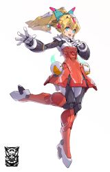Rule 34 | 1girl, :d, absurdres, android, blonde hair, blue eyes, character name, commentary request, dress, forehead jewel, full body, happy, head tilt, highres, korean commentary, leg up, long hair, looking at viewer, mar10, mechanical arms, mechanical legs, mega man (classic), mega man (series), open hand, open mouth, red dress, roll (mega man), science fiction, simple background, smile, solo, teeth, upper teeth only, white background