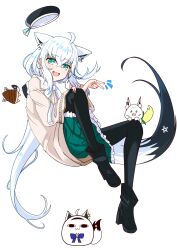 1girl ahoge animal_ear_fluff animal_ear_piercing animal_ears aqua_eyes bamboo_shoot beret black_boots black_pantyhose black_ribbon black_tail boots bow bowtie braid crossed_bangs double-parted_bangs earrings extra_ears fox_ears fox_girl fox_tail frilled_skirt frills green_skirt hair_between_eyes hair_ribbon hat highres higyohigyo hololive jewelry long_hair long_sleeves looking_at_viewer low-tied_long_hair miteiru_(shirakami_fubuki) multicolored_tail official_alternate_costume open_mouth oruyanke_(shirakami_fubuki) pantyhose pentagram platform_boots platform_footwear pleated_skirt ribbon shirakami_fubuki shirakami_fubuki_(street) shirt side_braid sidelocks simple_background single_braid single_earring skirt smile solo sukonbu_(shirakami_fubuki) tail v virtual_youtuber white_background white_bow white_bowtie white_hair white_shirt white_tail wide_sleeves