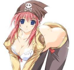 1girl 2000s_(style) ass bad_id bent_over blue_eyes bow bow_bra bra breasts brown_bandana brown_shorts cleavage closed_mouth commentary_request cowboy_shot dimples_of_venus downpants large_breasts long_hair long_sleeves looking_at_viewer lowres no_panties pink_hair ragnarok_online red_bow shorts shrug_(clothing) sidelocks simple_background skull_and_crossbones smile solo thief_(ragnarok_online) tokita underwear white_background white_bra