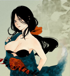 00s 1girl akeginu annoyed bad_id bad_pixiv_id bare_shoulders basilisk_(manga) black_bra bra breasts female_focus japanese_clothes kimono long_hair ponytail red_eyes solo togyo underwear undressing
