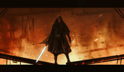 1boy absurdres anakin_skywalker artico_luminos black_gloves blue_lightsaber brown_robe embers energy_sword gloves highres holding holding_sword holding_weapon hooded_robe letterboxed lightsaber looking_at_viewer orange_eyes robe solo standing star_wars star_wars:_revenge_of_the_sith sword weapon