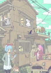 Rule 34 | 2boys, 4girls, :3, against railing, alternate costume, animal ears, animal nose, architecture, bandana, bandana around neck, barred window, black eyes, black pants, blazer, blue hair, blue ribbon, briefs, car, casual, chancho, character request, closed eyes, clothes grab, cloud, colored skin, commentary request, day, dress, dress grab, east asian architecture, green jacket, green sky, grey hair, hair ribbon, hairband, hand in pocket, hand up, highres, hood, hoodie, house, jacket, leaf, leaf on head, long hair, long sleeves, looking at another, looking at phone, looking up, male underwear, mascot costume, mode aim, motor vehicle, multiple boys, multiple girls, natori sana, omega ray, omega rio, omega sisters, open clothes, open hoodie, open mouth, outdoors, pants, pants under dress, peanuts-kun, phone, pointing, ponpoko (vtuber), power lines, raccoon ears, raccoon girl, railing, red hairband, red jacket, red ribbon, ribbon, sana channel, scenery, short dress, short hair, shouting with hands, sitting, sky, smile, standing, tamo (gaikogaigaiko), through window, twintails, underwear, underwear only, unworn dress, virtual youtuber, white dress, white hoodie, white male underwear, wide shot, yellow skin