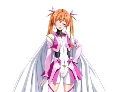 1girl blush bodysuit breasts cape closed_eyes covered_navel cowboy_shot facing_viewer game_cg gentle_sasaki gloves hair_ribbon hand_on_own_hip large_variant_set long_hair long_sleeves non-web_source official_art open_mouth orange_hair prism_shine ribbon shindou_hikari small_breasts solo soukou_senki_prism_reica soukou_senki_prism_shine standing thighhighs transparent_background twintails variant_set white_cape white_gloves