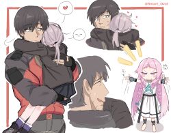 1boy 2girls aqua_eyes artist_name barefoot black_gloves black_hair black_jacket black_pants black_skirt blue_bow bow braid brown_jacket closed_eyes closed_mouth commander_(girls&#039;_frontline) dress english_text envy fingerless_gloves girls&#039;_frontline girls&#039;_frontline_2:_exilium gloves grey_gloves grey_hair hair_bow heart helena_(girls&#039;_frontline_2) highres hug jacket long_hair looking_at_another m200_(girls&#039;_frontline) multicolored_jacket multiple_girls multiple_views open_mouth pants partially_fingerless_gloves pink_hair pleated_skirt purple_eyes purple_socks red_jacket short_hair simple_background skirt smart_oval socks speech_bubble spoken_expression spoken_heart star_(symbol) sweatdrop twin_braids twitter_username two-tone_jacket white_background white_dress wing-shaped_hair