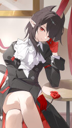 1girl absurdres arknights ascot black_coat black_hair closed_mouth coat crossed_legs elbow_on_table entelechia_(arknights) flower gloves green_gloves highres holding holding_flower indoors long_hair long_sleeves looking_at_viewer mole mole_under_eye pointy_ears red_eyes red_flower red_rose rose sitting solo teketi white_ascot