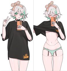 1girl ahoge blush cecilia_immergreen cellphone colored_inner_hair daseinsu doll_joints green_eyes green_hair grey_hair highres hololive hololive_english joints lifting_own_clothes multicolored_hair open_mouth oversized_clothes oversized_shirt panties phone selfie shirt short_hair smartphone solo streaked_hair striped_clothes striped_panties t-shirt two-tone_hair underwear virtual_youtuber winding_key