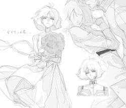 1boy 1girl belt bouquet char_aznable dress fish2063 flower gundam highres holding holding_bouquet imminent_kiss looking_at_viewer military_uniform mobile_suit_gundam monochrome ribbon sayla_mass short_hair siblings simple_background sketch white_background