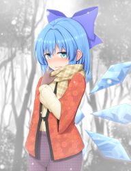 1girl adjusting_scarf alternate_costume blue_bow blue_eyes blue_hair blush bow breasts brown_gloves cirno commentary_request cowboy_shot gloves hair_between_eyes hair_bow hair_intakes hanten_(clothes) highres ice ice_wings jacket knit_sweater looking_at_viewer medium_breasts open_mouth outdoors pants peanut_mouth plaid_clothes plaid_scarf purple_pants red_jacket scarf sidelocks snow snowing solo standing sweat sweater teoi_(good_chaos) touhou unmoving_pattern wings winter winter_clothes yellow_scarf yellow_sweater