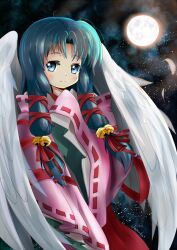 Rule 34 | 1girl, air (visual novel), bell, blue eyes, blue hair, blush, commentary, english commentary, feathered wings, full moon, hair bell, hair ornament, jamuko, japanese clothes, kannabi no mikoto, long hair, looking at viewer, moon, night, night sky, sky, smile, solo, star (sky), wings