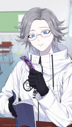 1boy aotsuki_eito black_gloves blue_eyes book classroom desk drawstring glasses gloves grey_hair holding holding_book hood hooded_jacket indoors jacket locker male_focus school_desk seiran_yoroz short_hair solo the_hundred_line_-last_defense_academy- twitter_username white_jacket window