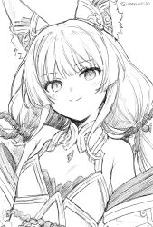 1girl animal_ears artist_name cat_ears cat_girl closed_mouth greyscale highres long_hair looking_at_viewer monochrome natsuno_io nia_(blade)_(xenoblade) nia_(xenoblade) smile solo twitter_username upper_body xenoblade_chronicles_(series) xenoblade_chronicles_2