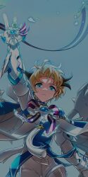 1boy aqua_eyes arm_up armor blonde_hair blue_background blue_cape bow bowtie brown_hair cape capelet chung_seiker cowboy_shot dot_nose elsword expressionless floating_hair forehead full_armor hair_ears highres hwansang light_particles looking_at_viewer male_focus multicolored_hair official_art parted_lips purple_bow purple_bowtie second-party_source short_hair simple_background single_stripe solo standing streaked_hair striped_bow striped_bowtie striped_clothes teeth two-sided_cape two-sided_fabric two-tone_hair white_capelet