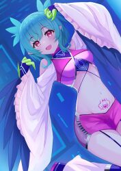 Rule 34 | 1girl, absurdres, black feathers, black wings, blush, breasts, claws, commentary, commission, english commentary, feathers, green hair, harpy, heart, heart tattoo, highres, hzhc, indie virtual youtuber, lincoro, midriff, monster girl, navel, open mouth, pink shorts, pointy ears, red eyes, second-party source, short hair, short twintails, shorts, small breasts, solo, stomach tattoo, tattoo, twintails, virtual youtuber, wide sleeves, winged arms, wings