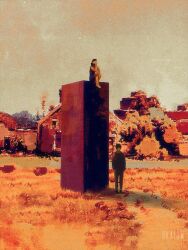 2others black_jacket chimney dkaism elbows_on_knees faceless film_grain geometric_solid grass hand_on_own_chin hat heavy_film_grain house jacket limited_palette multiple_others original outdoors painterly sepia shadow sitting size_difference smoke standing tree