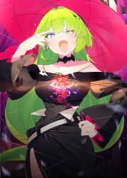 1girl belt benio_(dontsugel) black_collar black_dress blue_eyes collar cover cover_page cowboy_shot dress green_hair hand_on_own_hip hand_up highres large_hat long_hair long_sleeves novel_cover novel_illustration official_art one_eye_closed open_mouth original solo very_long_hair white_belt