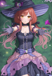 1girl :o absurdres black_dress black_hat blush breasts brown_hair carry_me center_frills choker cleavage commentary_request dakimakura_(medium) dress frilled_choker frills gloves grass grey_gloves hair_spread_out hat highres idolmaster idolmaster_shiny_colors keine09 long_hair looking_at_viewer lying medium_breasts on_back on_ground osaki_amana outdoors solo twintails very_long_hair witch_hat yellow_eyes