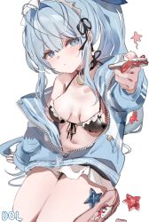 1girl absurdres anchor_(innocent_maid)_(nikke) anchor_(nikke) bare_shoulders bikini bikini_skirt black_bikini black_choker blue_eyes blue_hair blue_jacket breasts choker dolechan frilled_bikini frills front-tie_bikini_top front-tie_top goddess_of_victory:_nikke highres jacket long_hair looking_at_viewer maid maid_bikini maid_headdress off_shoulder official_alternate_costume ponytail simple_background small_breasts solo string_bikini swimsuit thighs unconventional_maid white_background